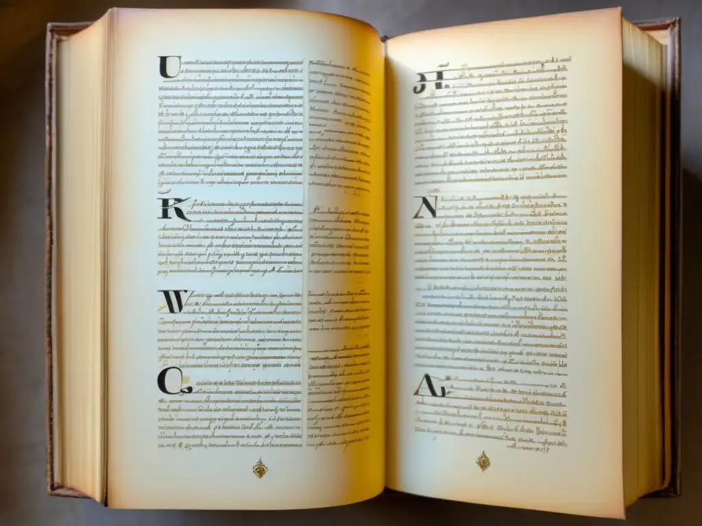 Un libro antiguo abierto con elegante escritura desconocida, evocando misterio y encanto vintage