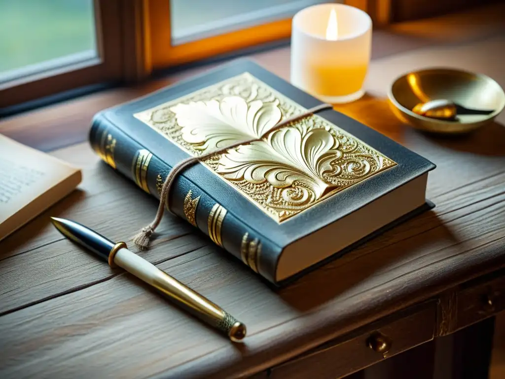 Un libro antiguo de tapa de cuero desgastada descansa sobre una mesa de madera, iluminado por una suave luz