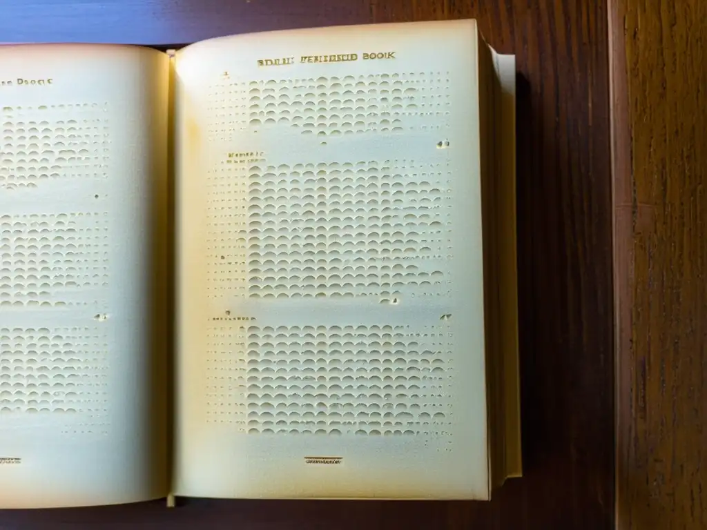 Libro de braille antiguo en mesa de madera, iluminado suavemente por la ventana