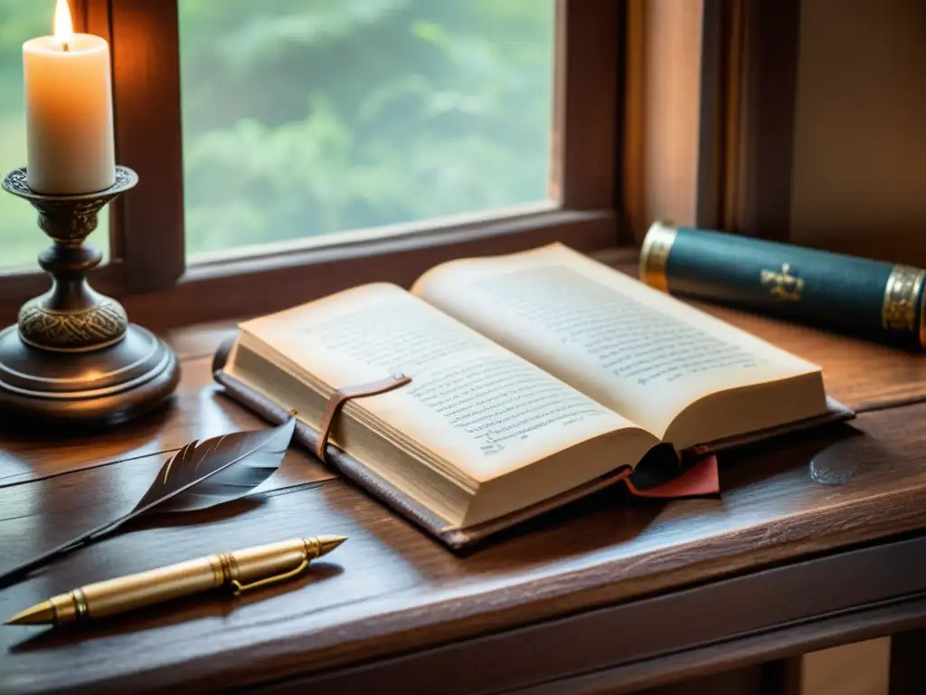 Un libro de cuero envejecido abierto en una mesa de madera, con plumas antiguas y tintero