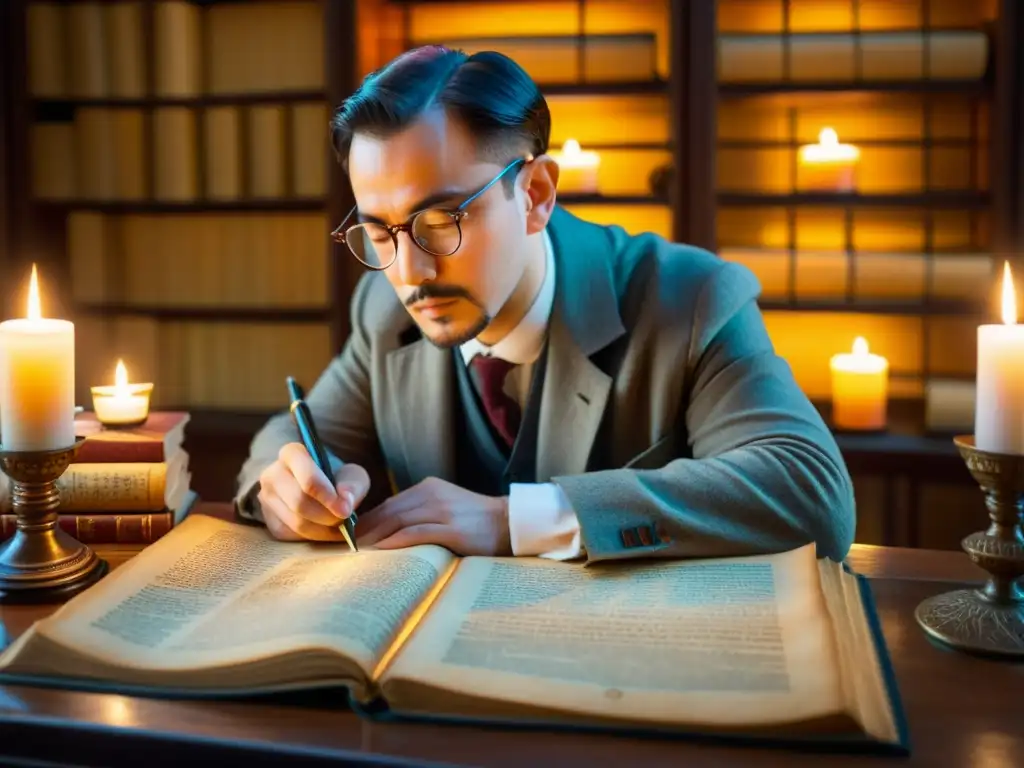 Un lingüista estudia escrituras antiguas rodeado de libros y artefactos, iluminado por velas