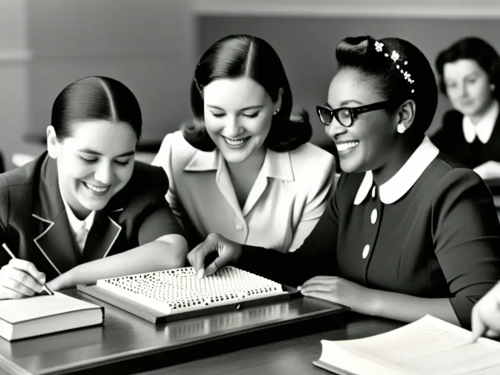 Una maestra enseña braille a estudiantes diversos con estrategias pedagógicas inclusivas en una emotiva imagen vintage en blanco y negro