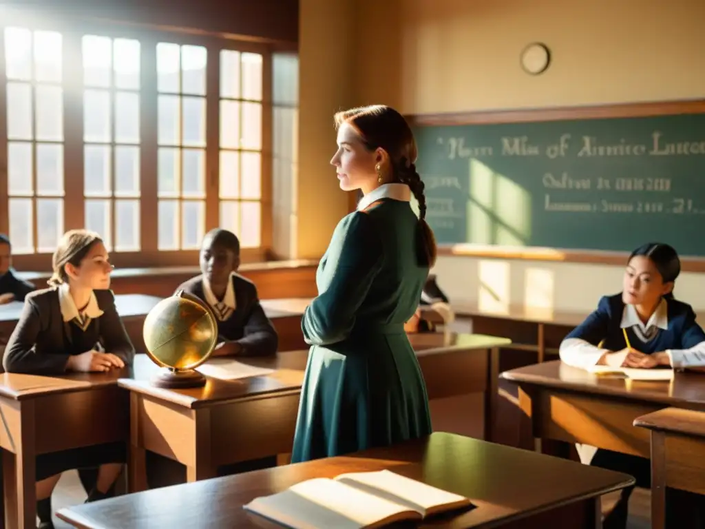 Clase de idiomas antiguos: pasión y aprendizaje Una maestra utiliza un globo antiguo para enseñar idiomas antiguos a estudiantes curiosos en un aula vintage