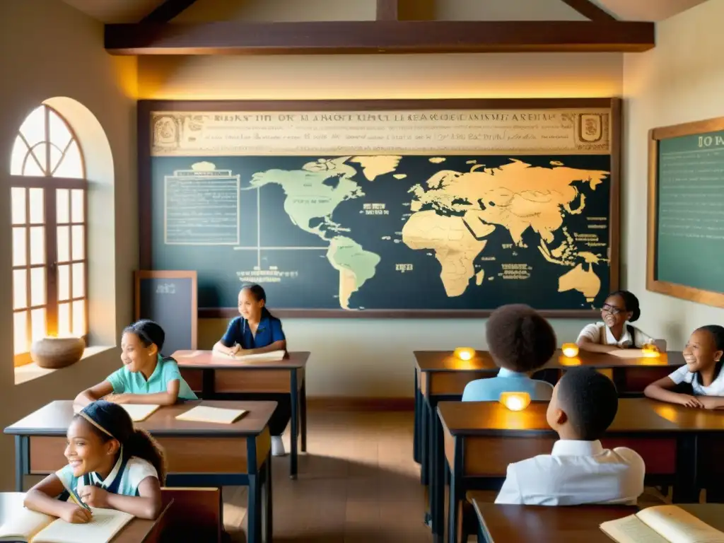 Exploración virtual de ruinas antiguas en un aula vintage Maestra sonriente guía a estudiantes con aplicaciones para maestros de lenguas antiguas en aula vintage con pizarrón y mapas antiguos