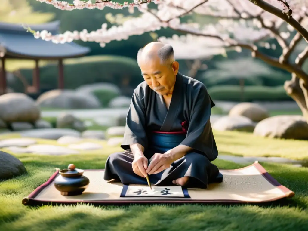 Un maestro anciano de caligrafía japonesa crea con gracia, rodeado de cerezos en flor en un apacible jardín japonés