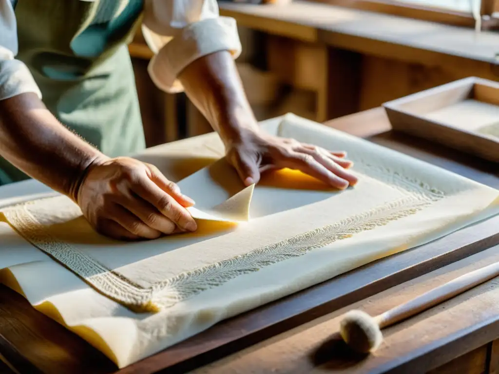 Un maestro artesano moldea con cuidado una hoja de papel hecho a mano, rodeado de herramientas vintage