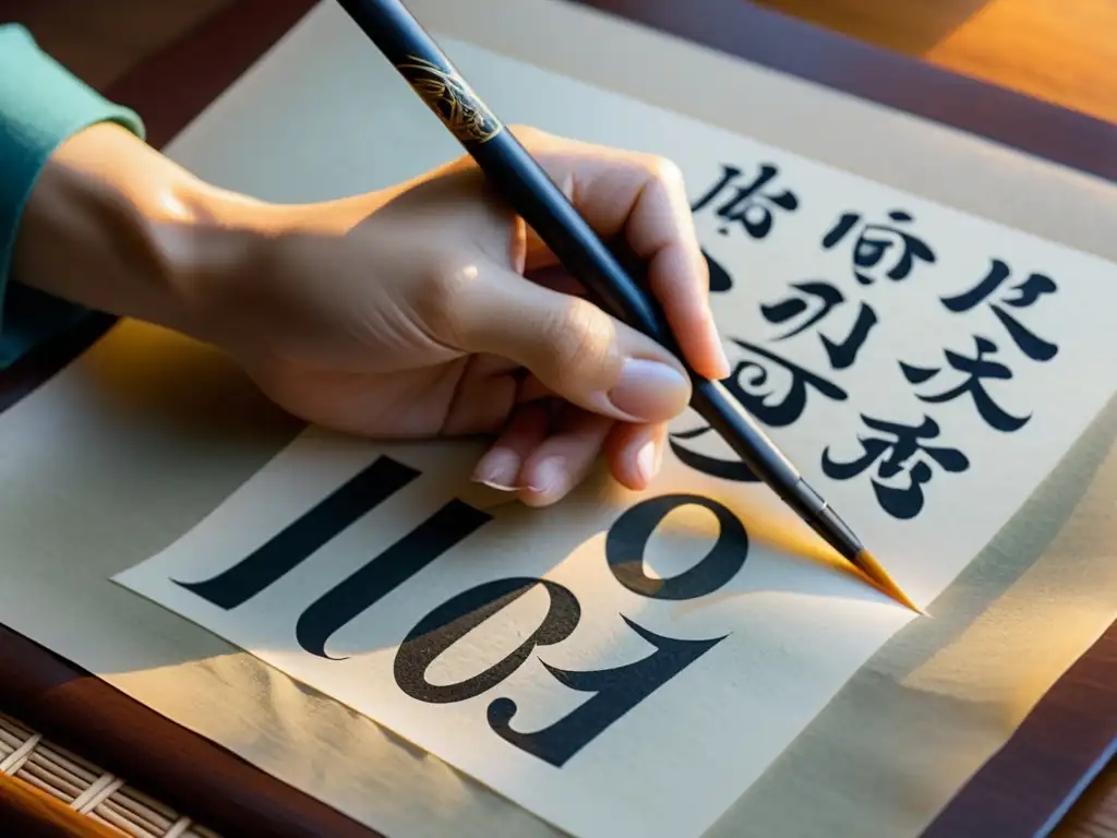 Un maestro de caligrafía china antigua elabora meticulosamente caracteres Kanji con un pincel tradicional y tinta en papel de arroz