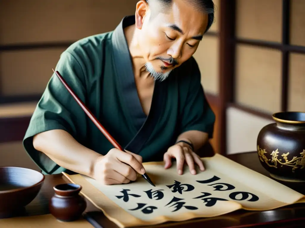 Maestro de caligrafía china: arte ancestral Un maestro de caligrafía china crea elegantes caracteres en pergamino antiguo con tinta y pincel, destacando la certificación en este arte milenario