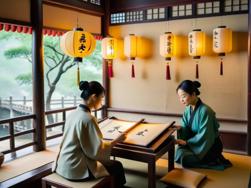 Un maestro de caligrafía china enseña a sus alumnos en un taller con herramientas antiguas y una atmósfera serena