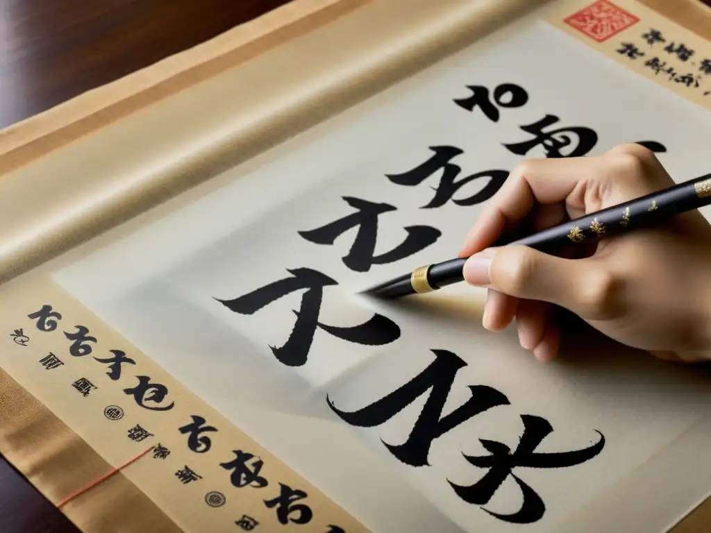 Un maestro de la caligrafía china delicadamente traza movimientos fluidos sobre papel de arroz, capturando la interacción entre la caligrafía china y la escritura japonesa