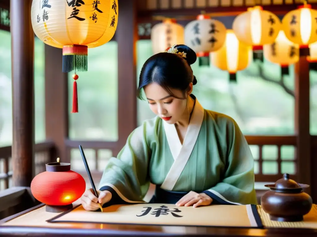 Un maestro de caligrafía china en un taller tradicional, con elegante arquitectura y decoraciones ornamentales