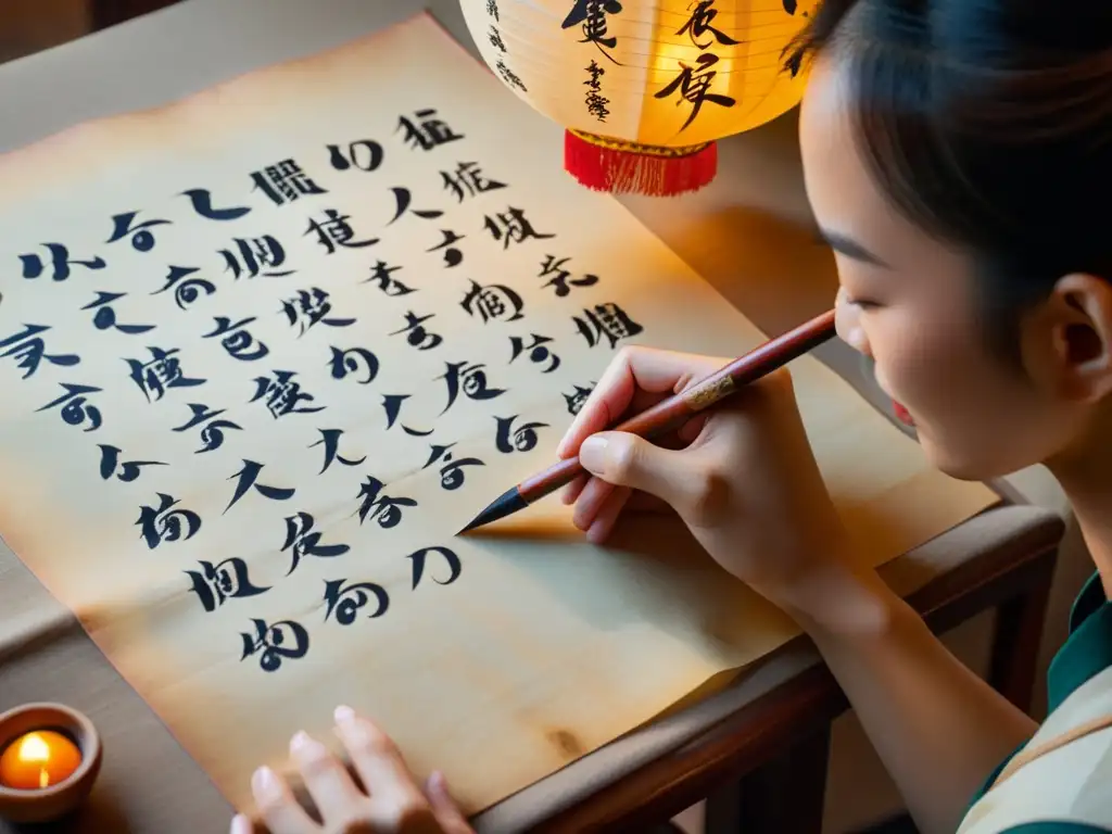 Un maestro de la caligrafía china tradicional escribe delicadamente con un pincel sobre pergamino envejecido, iluminado por una suave luz cálida