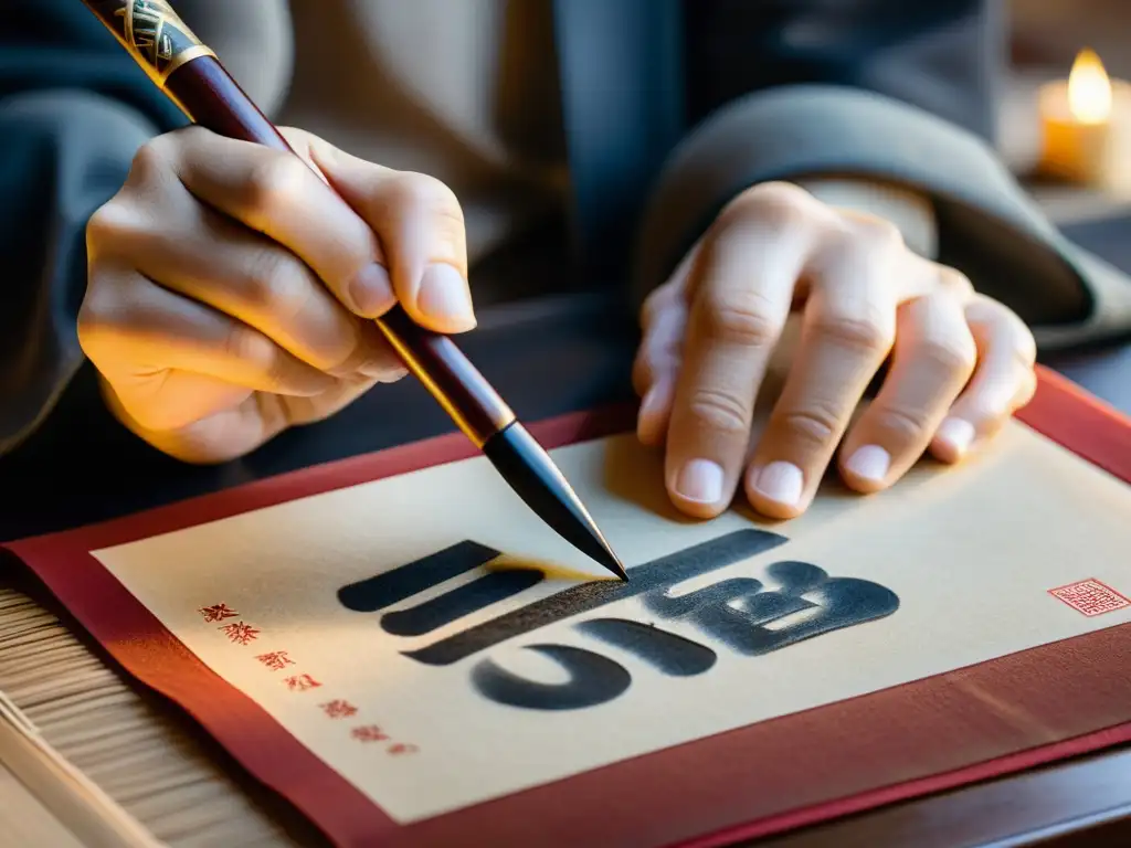 Un maestro de la caligrafía china tradicional traza con gracia y precisión caracteres Han en un pergamino envejecido, iluminado por una cálida luz que realza su belleza atemporal