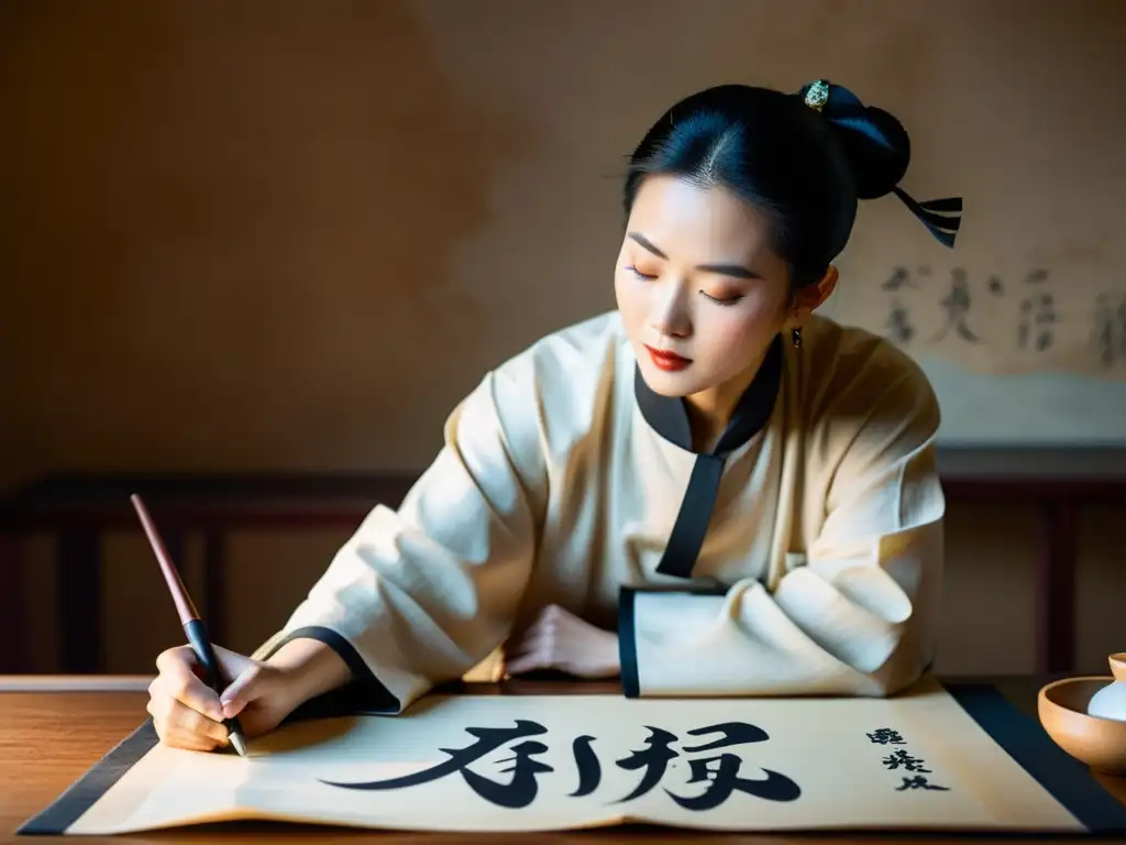 Un maestro de caligrafía china tradicional arte escritura crea caracteres intrincados en un pergamino vintage con gracia y destreza, personificando la esencia de esta forma de arte