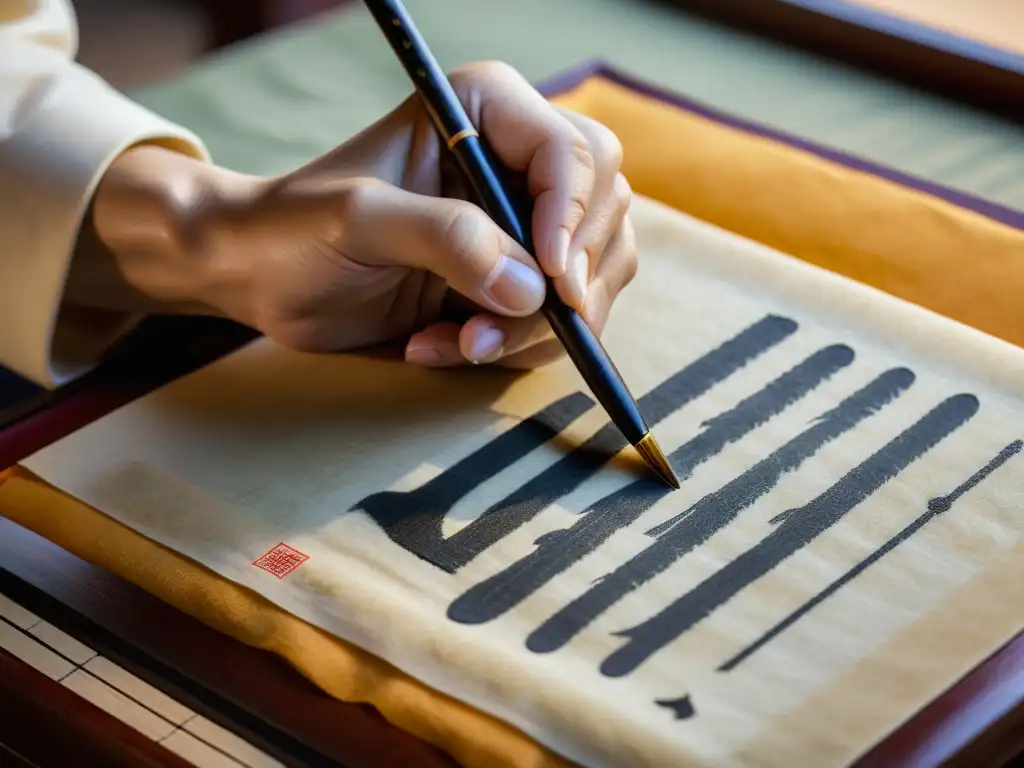 Un maestro de caligrafía chino escribe con delicadeza en papel de arroz, evocando talleres de escritura histórica en China