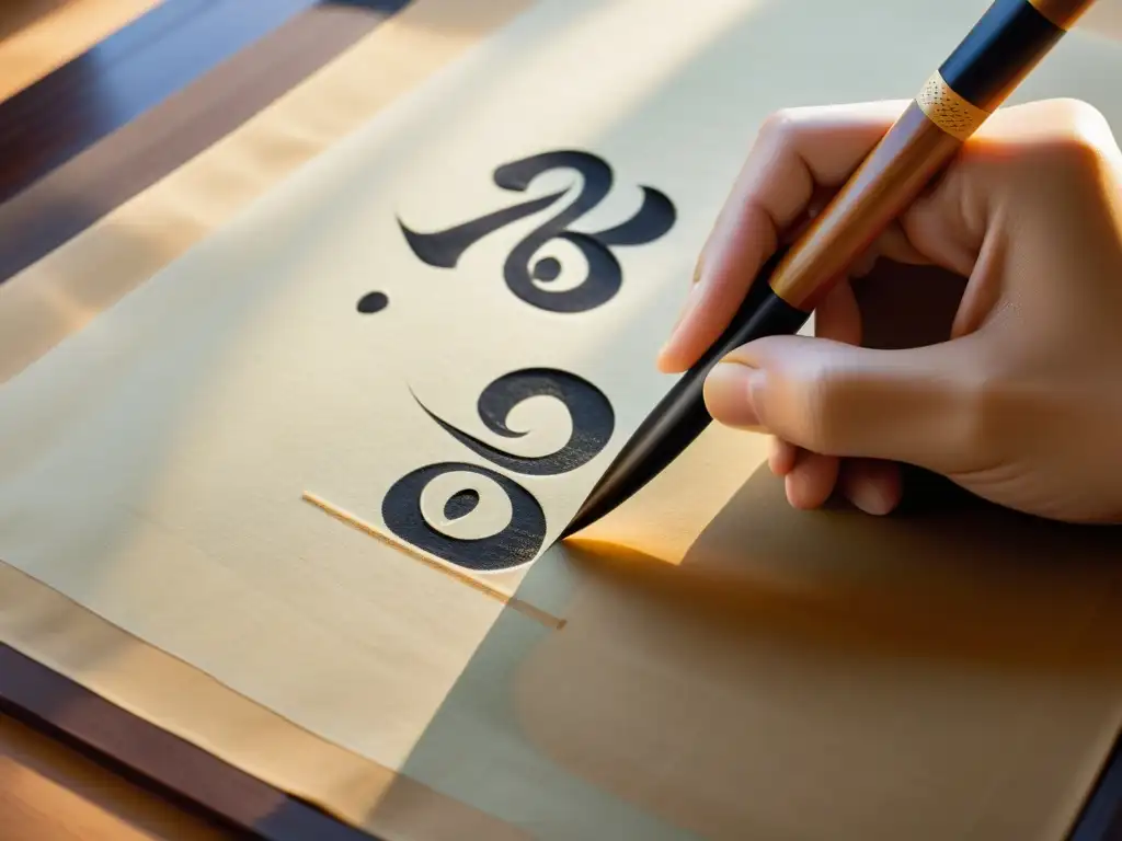 Un maestro de caligrafía coreana crea con delicadeza caracteres Hangul en pergamino antiguo, iluminado por suave luz en un estudio tradicional