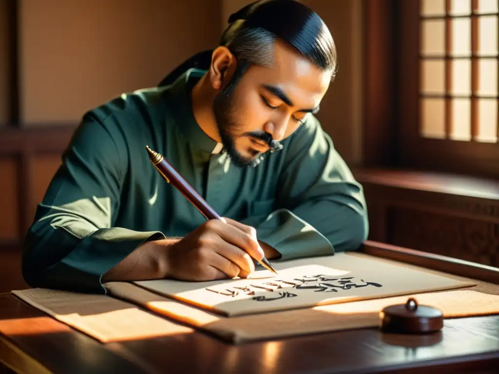 Un maestro de caligrafía árabe sostiene con delicadeza una pluma tradicional en un ambiente cálido y atemporal