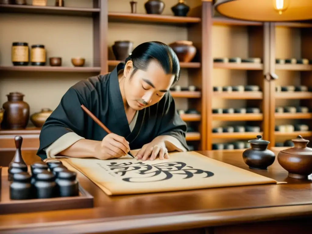 Un maestro de caligrafía en su estudio, creando trazos complejos con un pincel tradicional