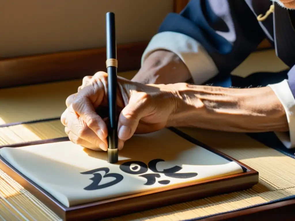 Maestro de caligrafía japonés en su taller, sumergiendo con cuidado su pincel de bambú en tinta