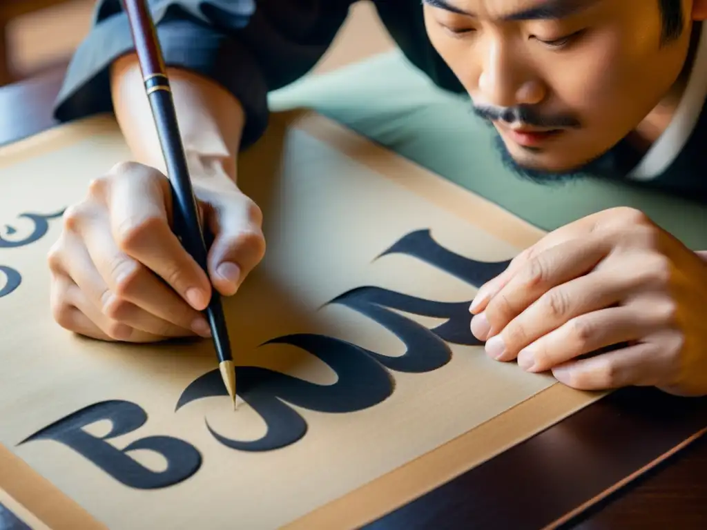 Un maestro de caligrafía japonés tradicional crea con delicadeza caracteres kana en pergamino envejecido