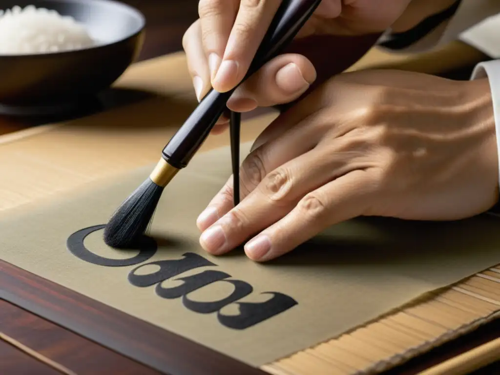 Un maestro de caligrafía japonesa crea con precisión y concentración, mostrando la caligrafía Kanji como forma de arte