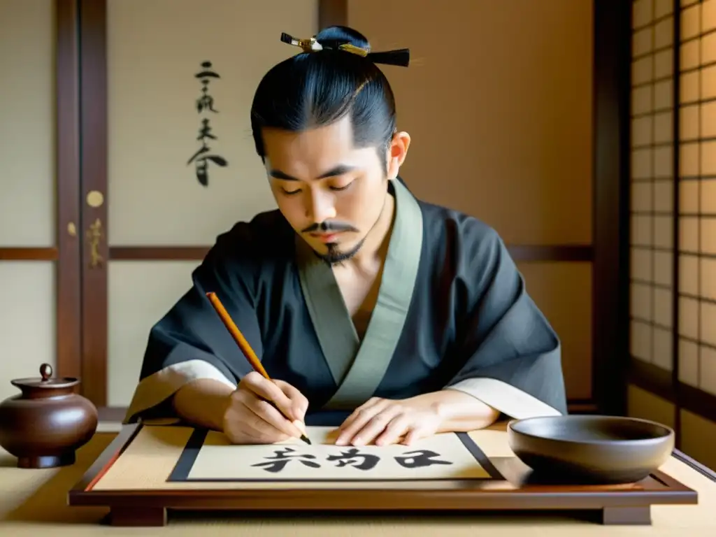 Un maestro de caligrafía japonesa escribe caracteres kana con elegancia en papel washi