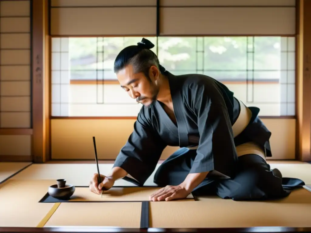 Maestro de caligrafía japonesa crea elegantes caracteres en sereno tatami, mostrando talleres caligrafía escritura japonesa tradicional