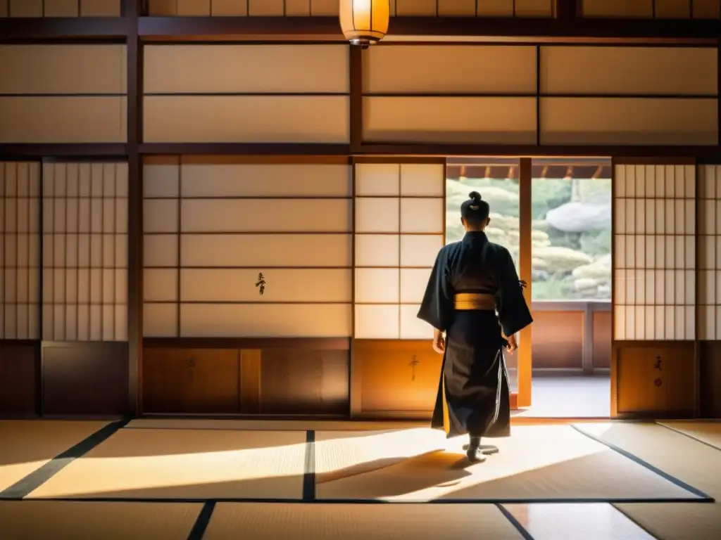 Un maestro de caligrafía japonesa samurái crea elegantes caracteres en un dojo tradicional, iluminado por cálida luz solar