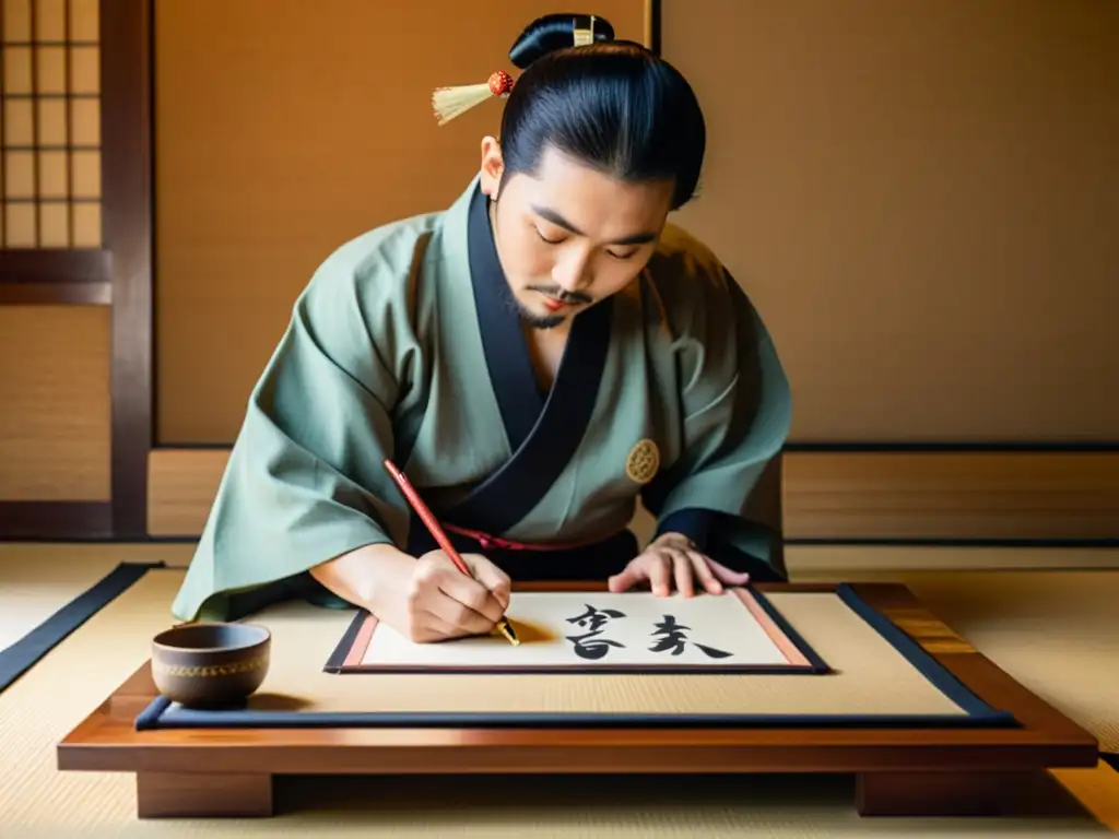 Un maestro de la caligrafía japonesa escribe con gracia en papel washi, rodeado de herramientas tradicionales y con una expresión concentrada