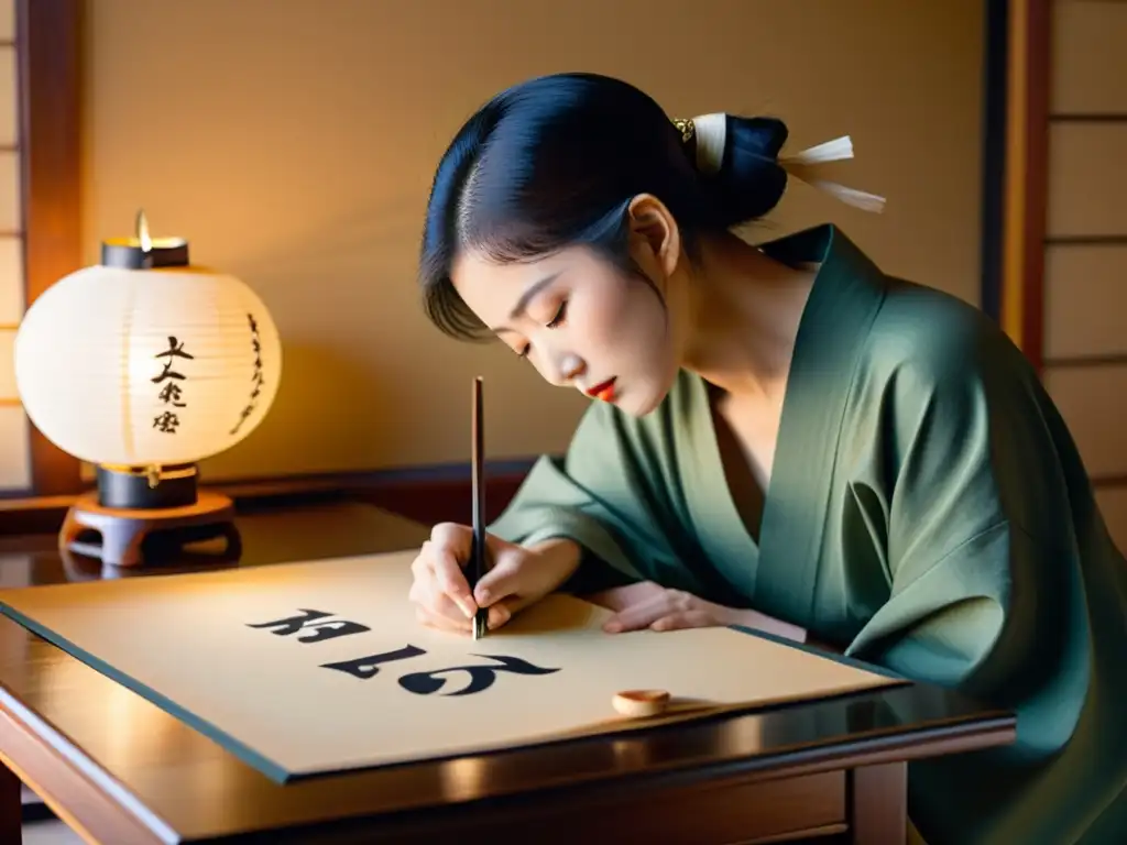 Un maestro de caligrafía japonesa escribe con gracia en papel washi, iluminado por una suave luz de linterna