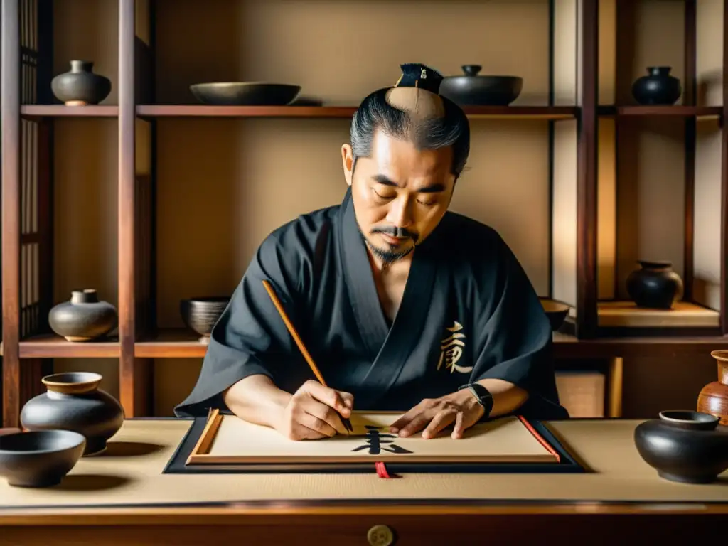 Maestro de caligrafía japonesa pintando Kanji con calma, rodeado de sabiduría ancestral