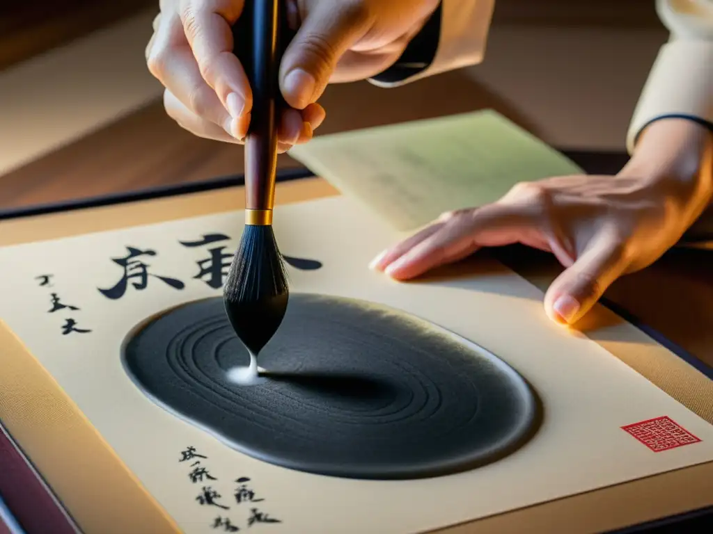 Maestro de caligrafía japonesa sumergiendo delicadamente su pincel en tinta, con poema antiguo visible