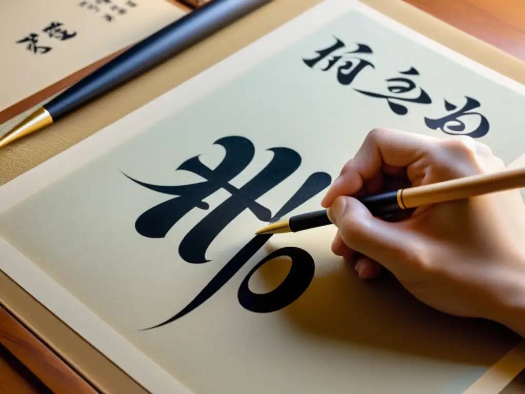 Un maestro de caligrafía japonesa escribe con precisión en papel washi, mostrando la elegancia de la escritura japonesa kana avanzada