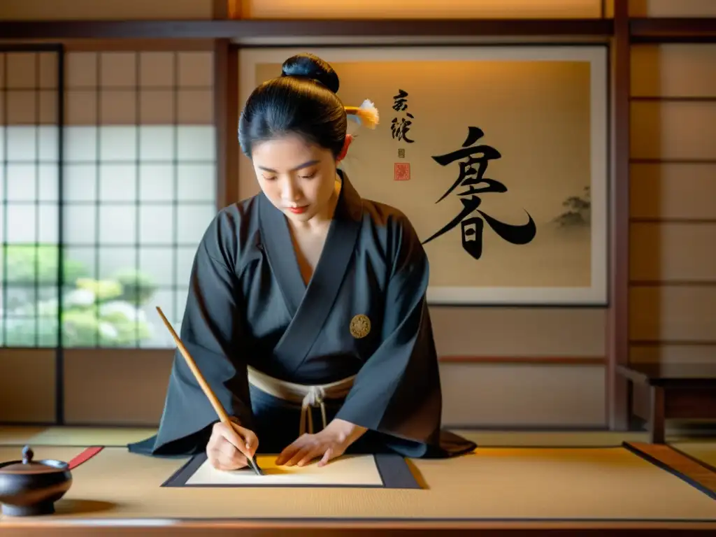 Un maestro de caligrafía japonesa samurái en un dojo sereno, vistiendo un kimono fluído y creando caracteres intrincados