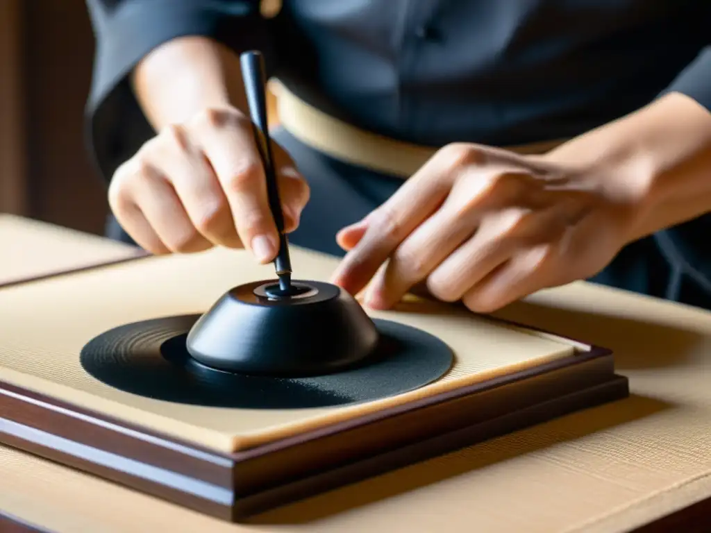 Un maestro de caligrafía japonesa tradicional expertamente muele tinta en una piedra suzuri, creando una imagen hipnótica de pigmento negro