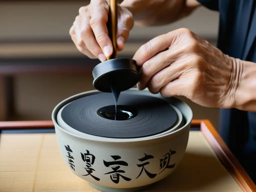 Un maestro de caligrafía japonesa tradicional sumerge con cuidado un pincel en tinta negra en un sereno taller