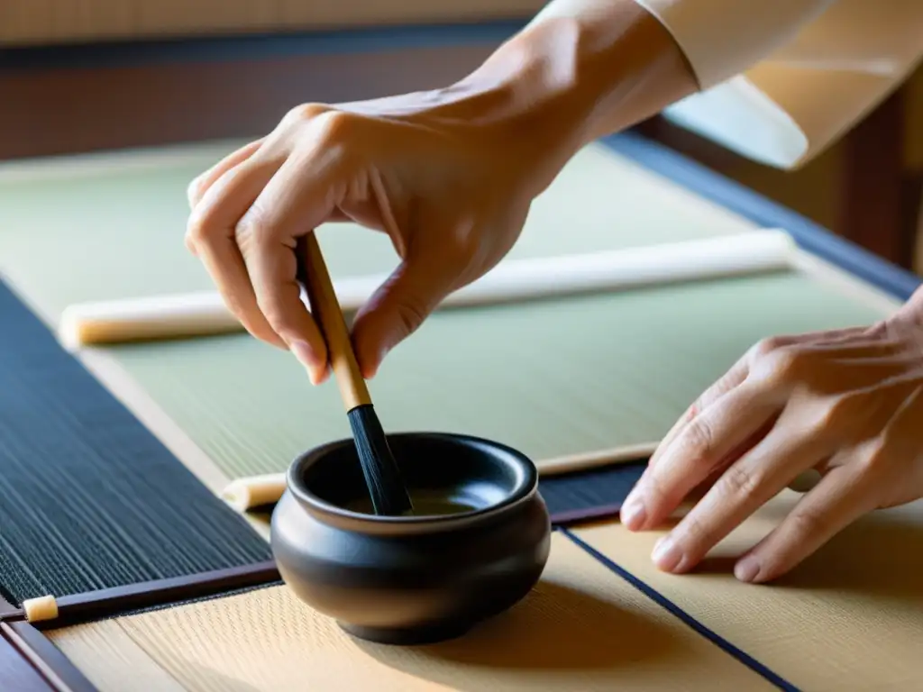 Un maestro de caligrafía japonesa tradicional, concentrado, sumerge su pincel en tinta en una habitación iluminada con luz natural