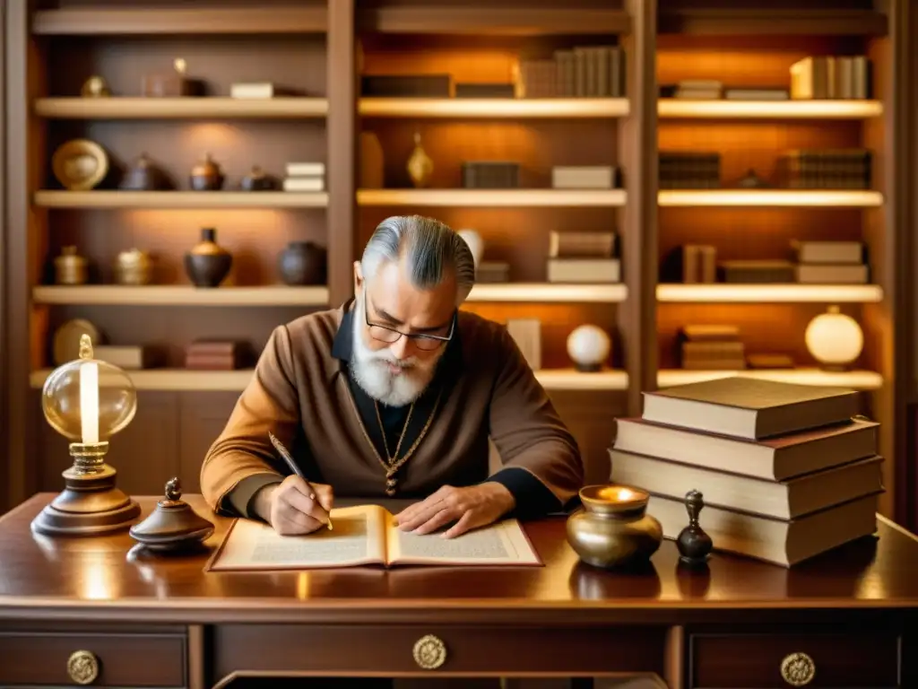 Un maestro de la caligrafía sumerge su pluma en un tintero ornamental, rodeado de enciclopedias ilustradas de caligrafía mundial