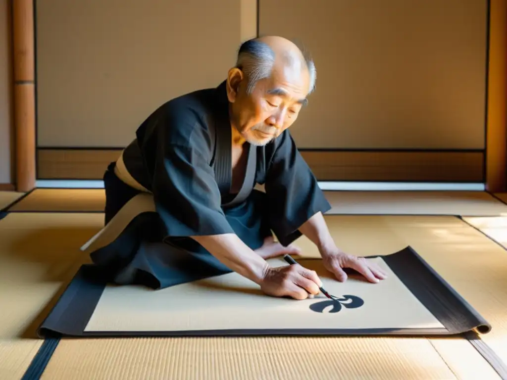 Maestro calígrafo japonés en su estudio iluminado por una lámpara de papel, listo para comenzar con su kit caligrafía japonesa Kana Kanji