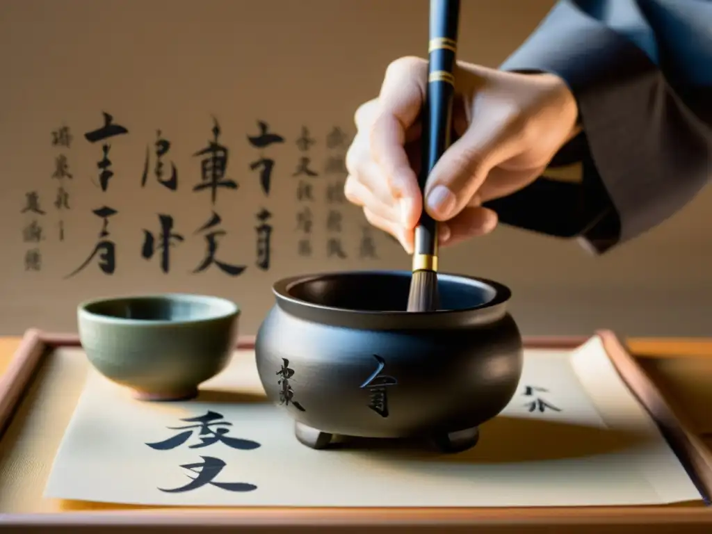 Un maestro calígrafo japonés viste atuendo tradicional, sumerge su pincel en tinta y escribe kanji con maestría