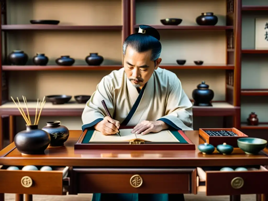 Maestro de la caligrafía: Sabiduría ancestral Un maestro calígrafo chino crea elegantes caracteres en su escritorio tradicional, evocando la antigua maestría del arte milenario de la caligrafía