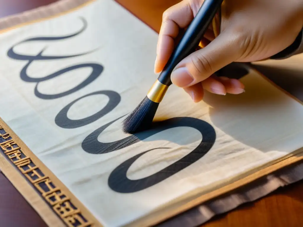 Un maestro calígrafo chino crea elegantes caracteres en papel de arroz con tinta negra