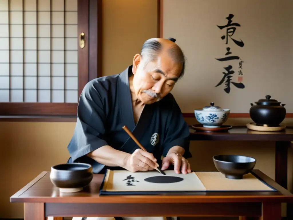 Un maestro japonés de caligrafía aplica meticulosamente trazos a un papel de arroz, sumergiendo la pluma en tinta