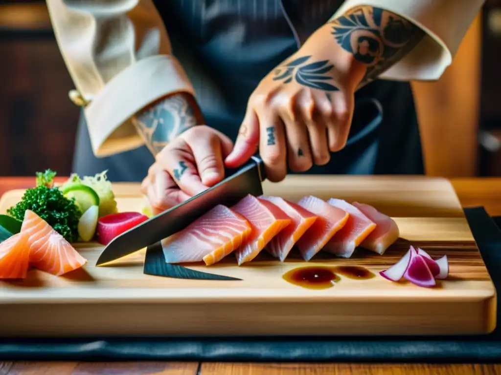 Un maestro japonés corta sashimi con precisión, luciendo tatuajes de kanji