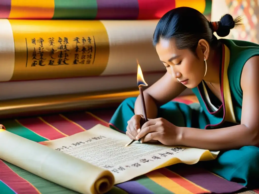 Un maestro tibetano certificado en escritura tibetana, concentrado frente a un pergamino, iluminado por una lámpara de mantequilla