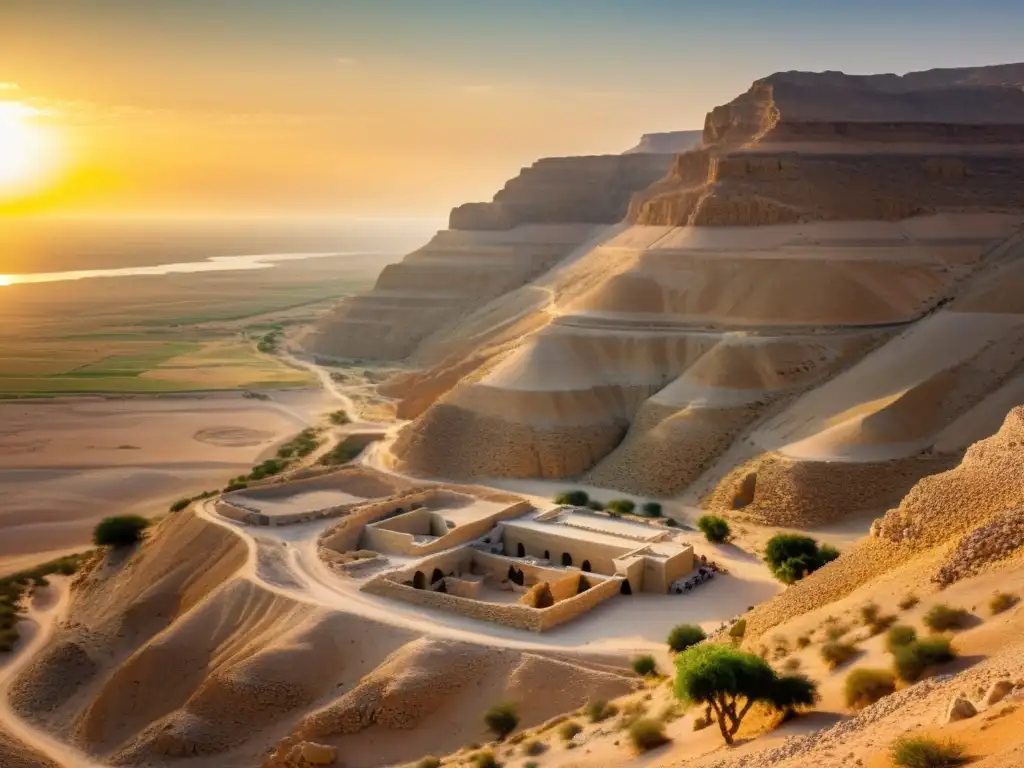 Majestuosa vista de las antiguas cuevas de Qumrán al atardecer, revelando la mística de los mensajes codificados Rollos Cobre Qumrán