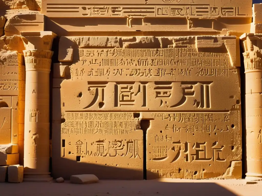 Majestuosas ruinas del Templo de Bel en Palmyra, con inscripciones cuneiformes en piedra, iluminadas por el sol poniente