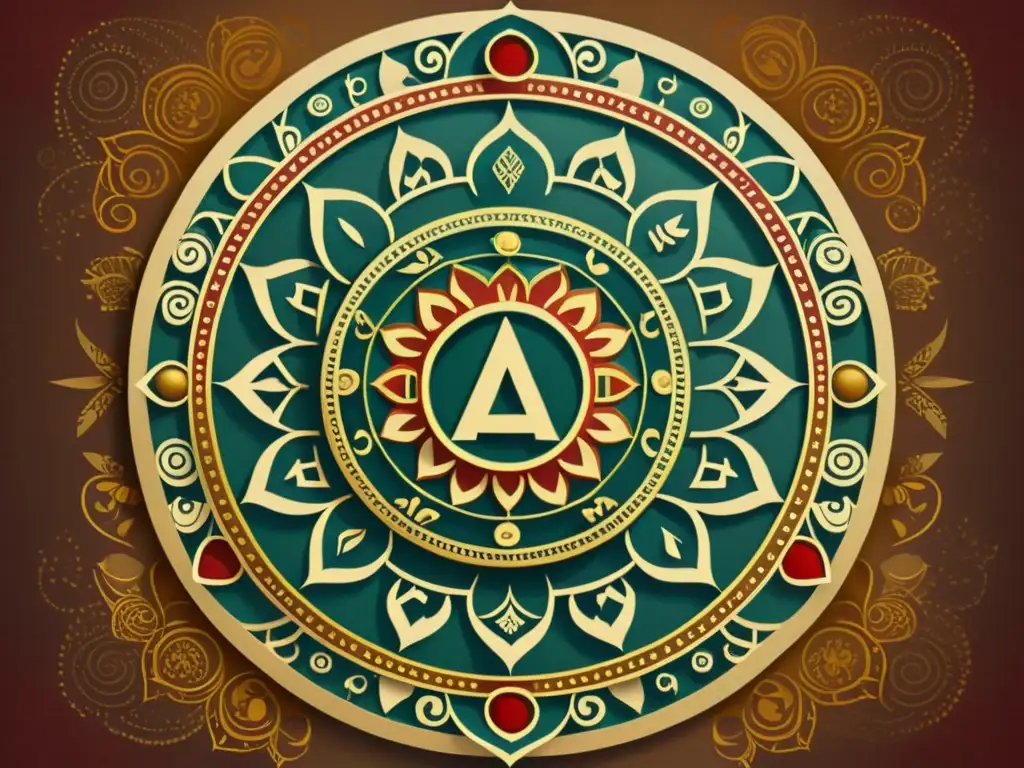 Una mandala antigua en tonos terrosos con alfabetos antiguos entrelazados, irradiando historia, sabiduría y belleza atemporal