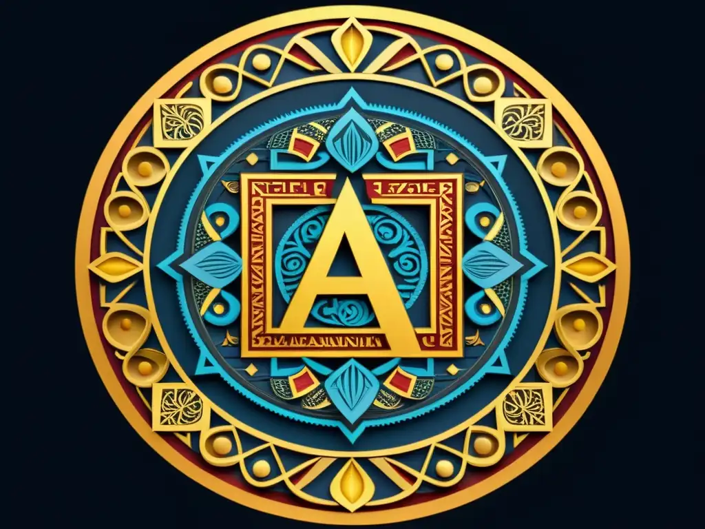 Un mandala hipnótico con alfabetos antiguos entrelazados en un diseño vibrante