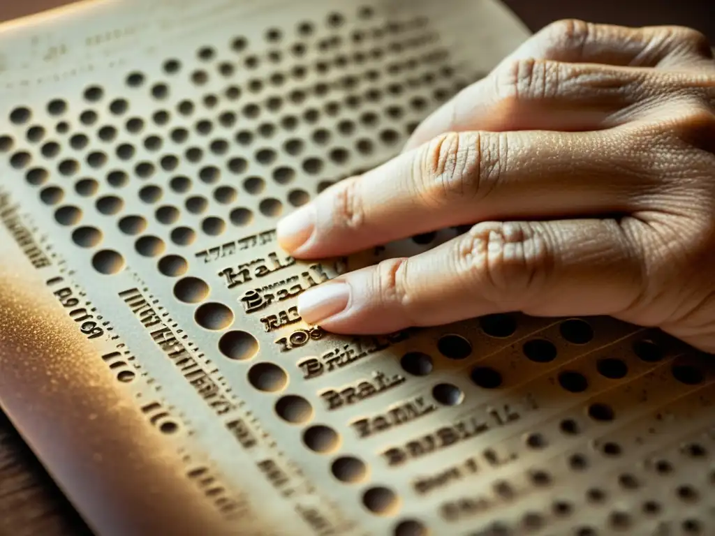 Mano antigua presionando papel de braille, capturando su textura e impacto en inclusión